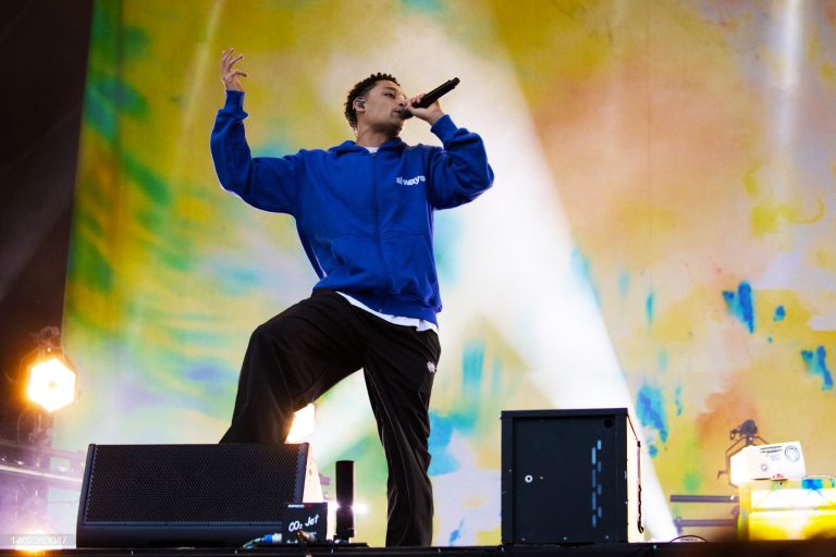 Loyle Carner performing in front of a large printed artwork backdrop