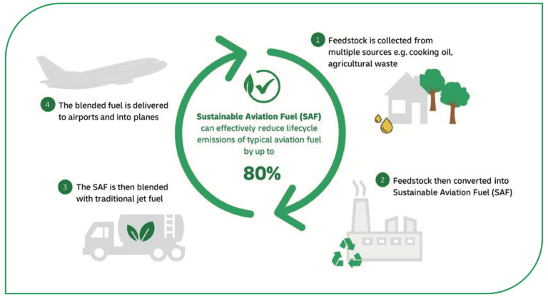 Graphic explaining the lifecycle of sustainable aviation fuel (SAF)